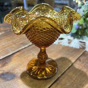 Indiana Glass Fluted Compote Diamond Point Candy Dish Amber Pedestal Ball Stem